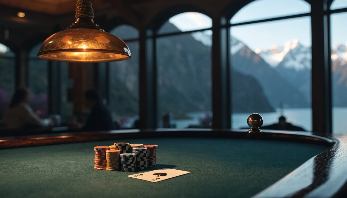 Casino table with chips and a card overlooking New Zealand fjord landscape