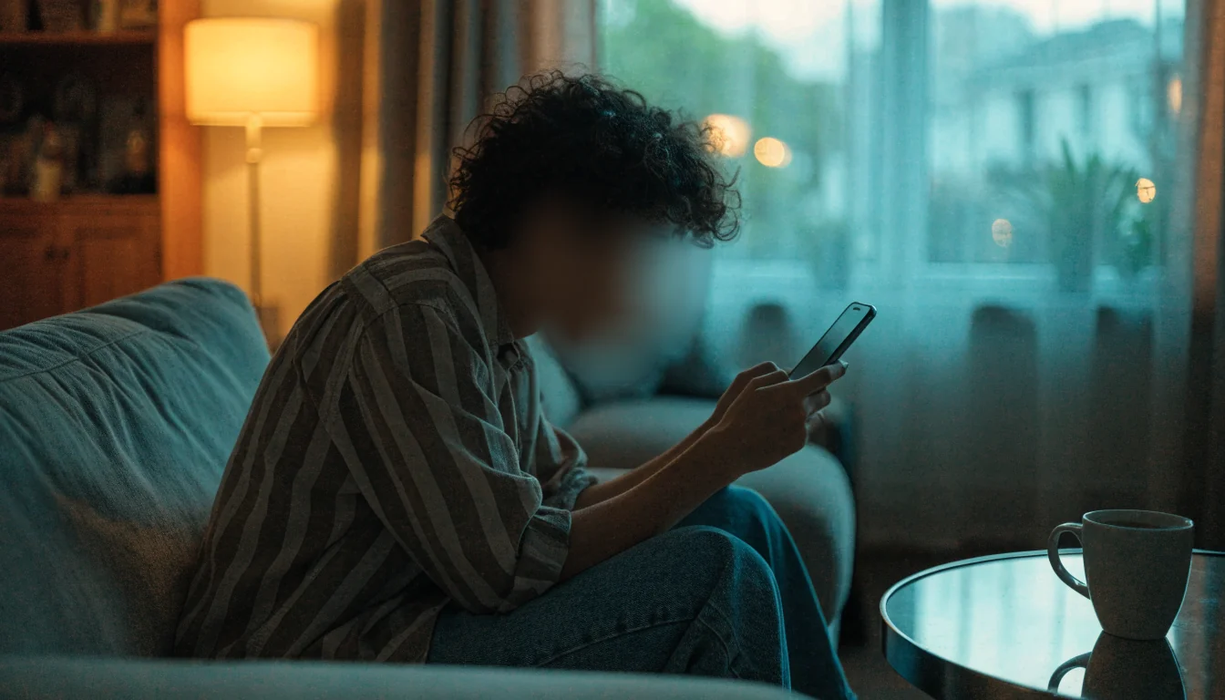 Person relaxing with a phone in a modern New Zealand living room at dusk