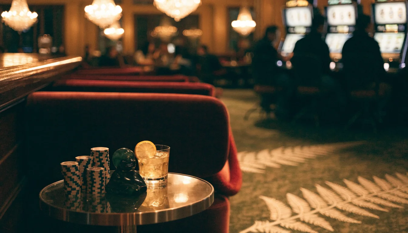 Stylish New Zealand casino lounge with chips and cocktail on a table, evening atmosphere.