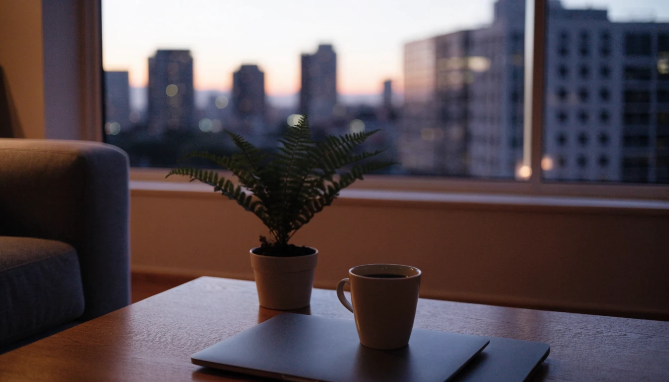 Modern New Zealand living room with a closed laptop at dusk