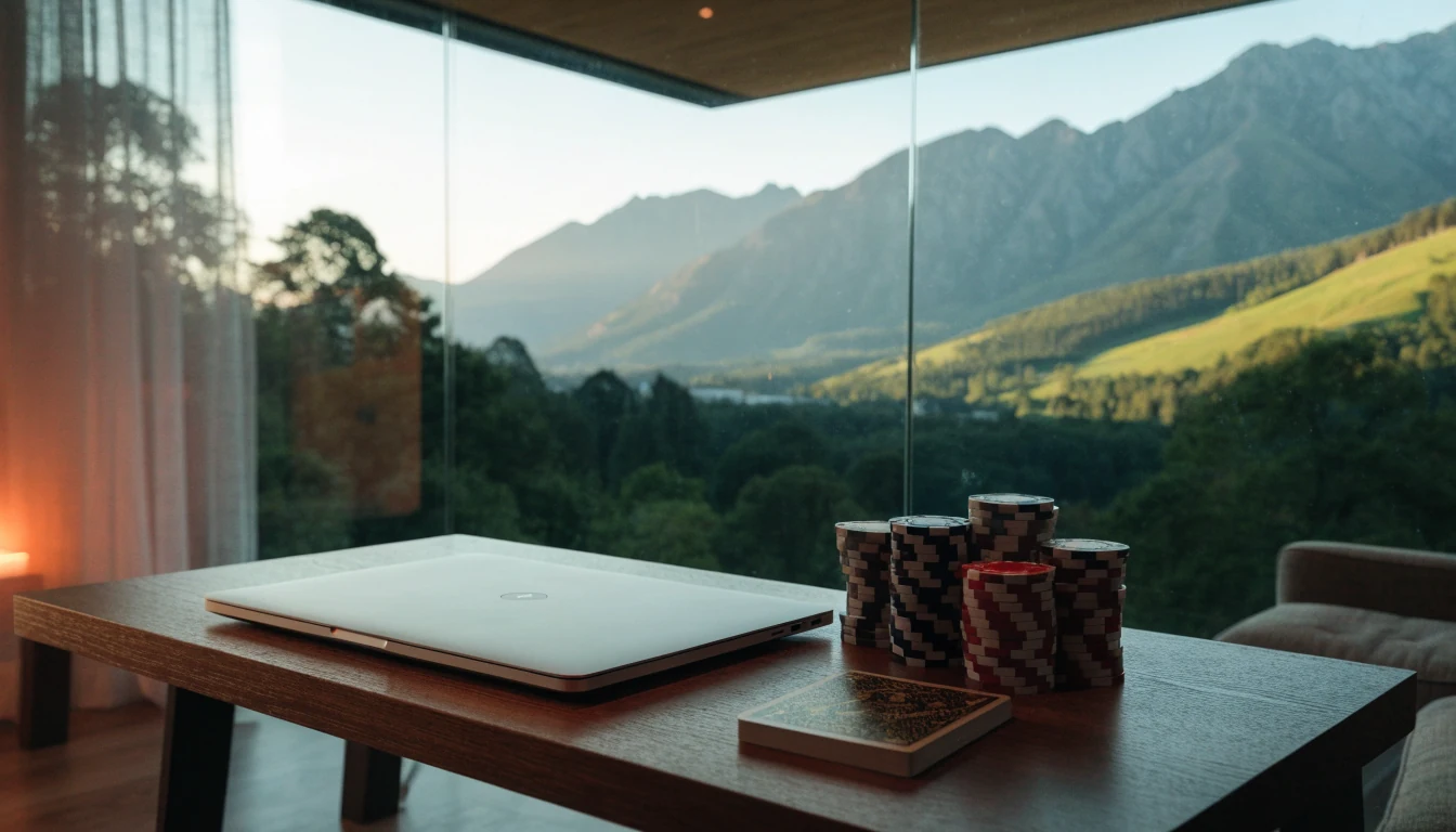 Modern home office with laptop, casino chips, and New Zealand mountain view through windows
