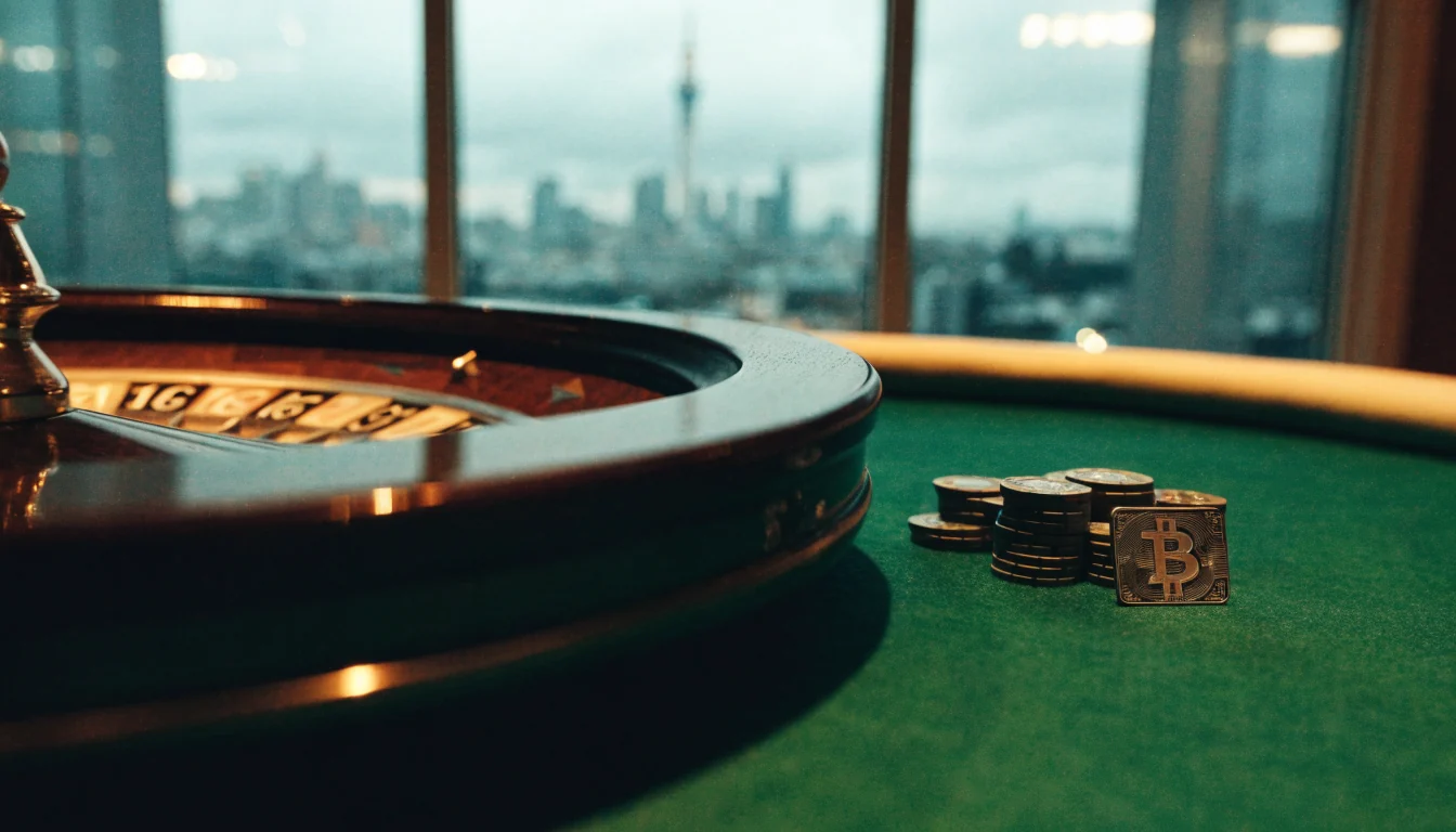Roulette wheel, casino chips, and a Bitcoin token on green felt with Auckland skyline behind