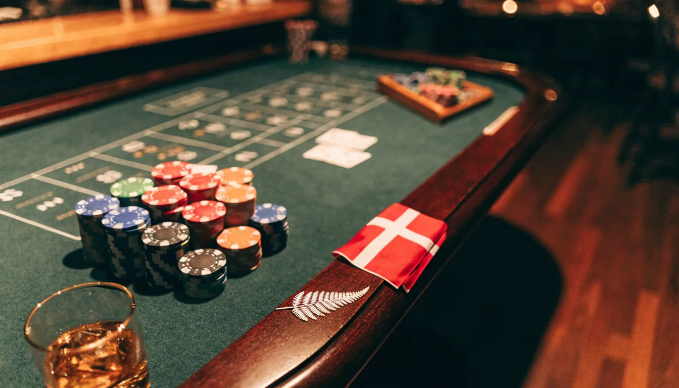 Blackjack table with chips and New Zealand flag detail