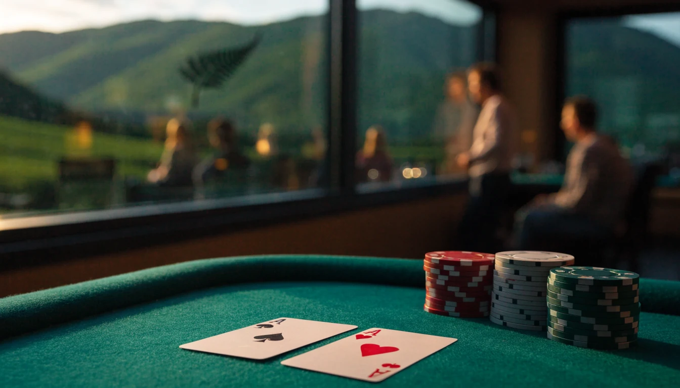 Blackjack cards and chips on a casino table with New Zealand hills in background.