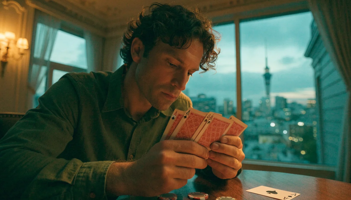 New Zealand player pondering blackjack strategy at a table