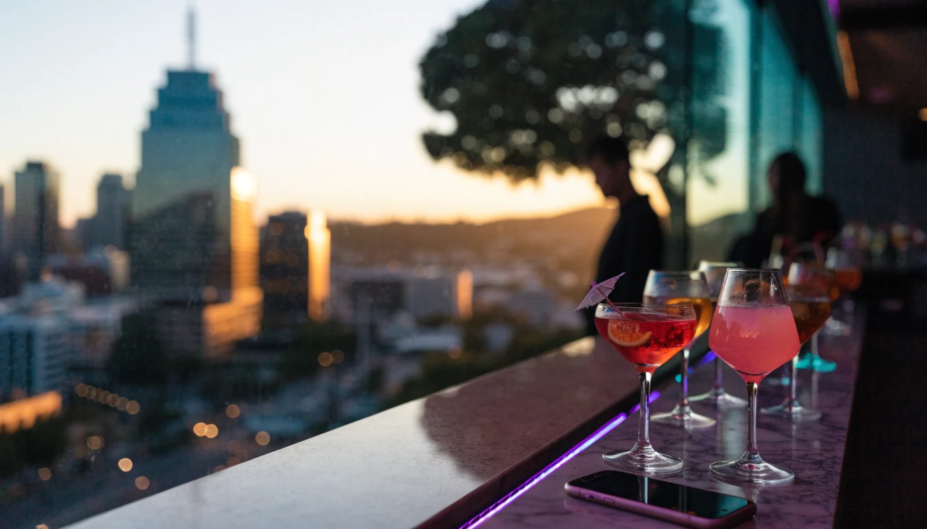 Modern New Zealand casino lounge with Auckland skyline and neon-lit bar at golden hour