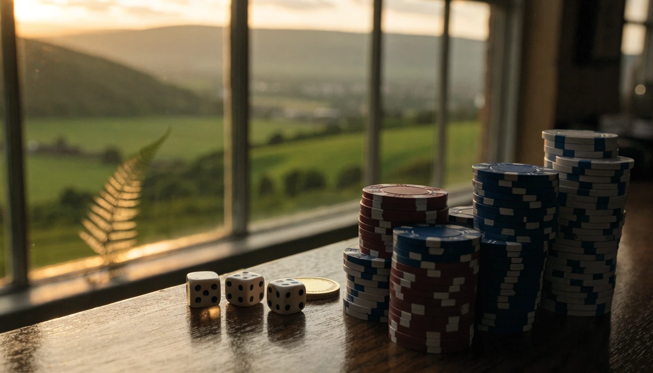 Casino chips, dice and gold token on a wooden bar with New Zealand hills behind a window.