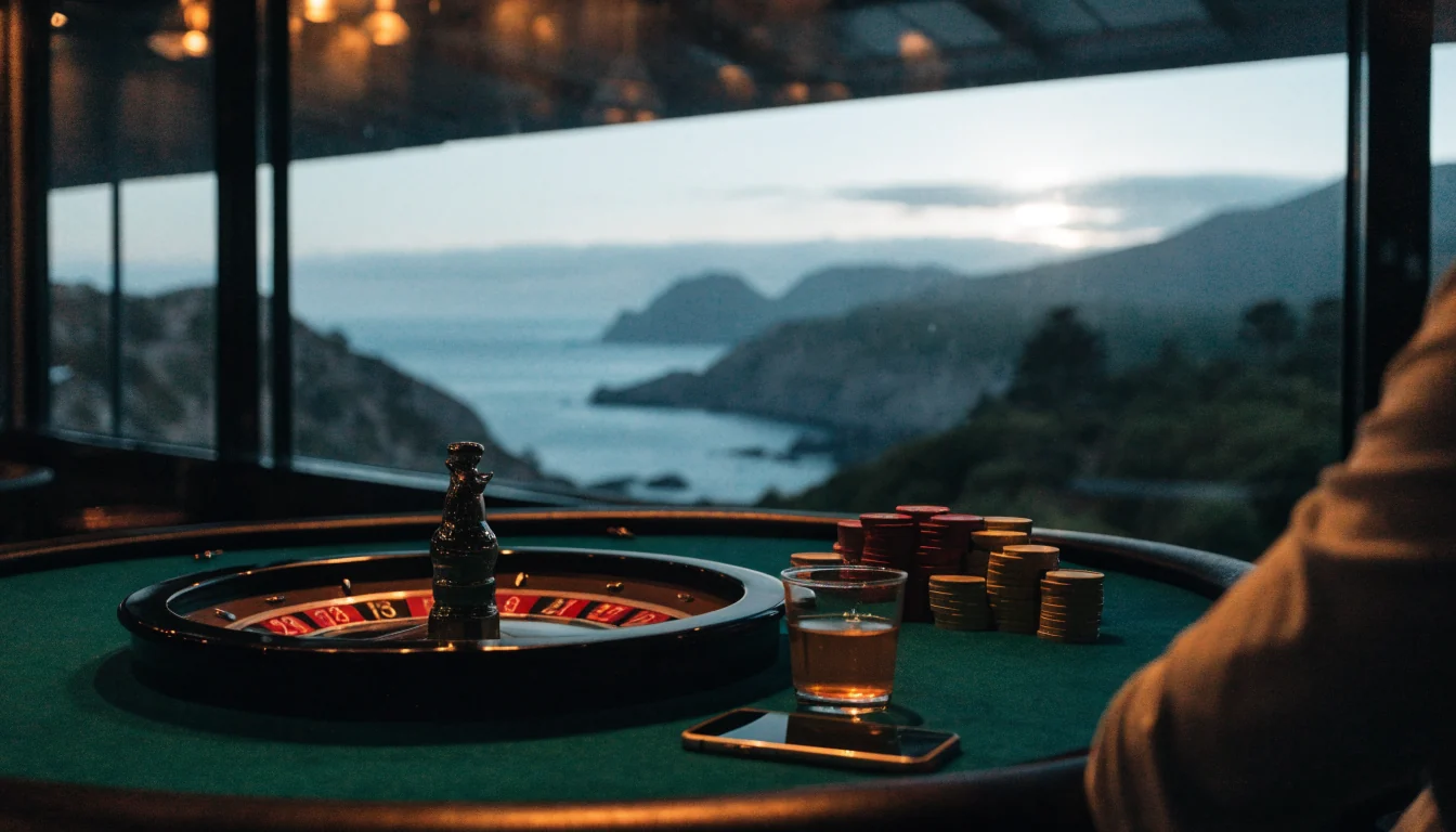 Casino table with roulette wheel and chips beside a window showing New Zealand coastline