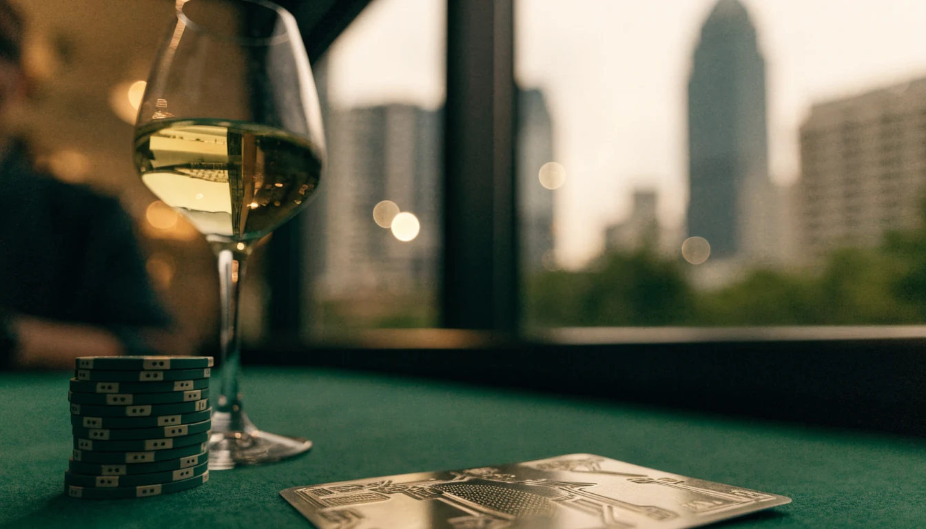 Casino loyalty card with chips on green felt, Auckland skyline behind