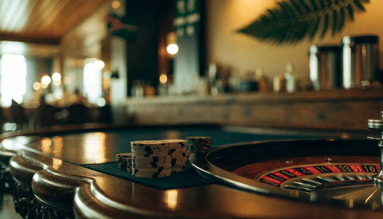 Casino chips and roulette wheel on a polished table with New Zealand decor