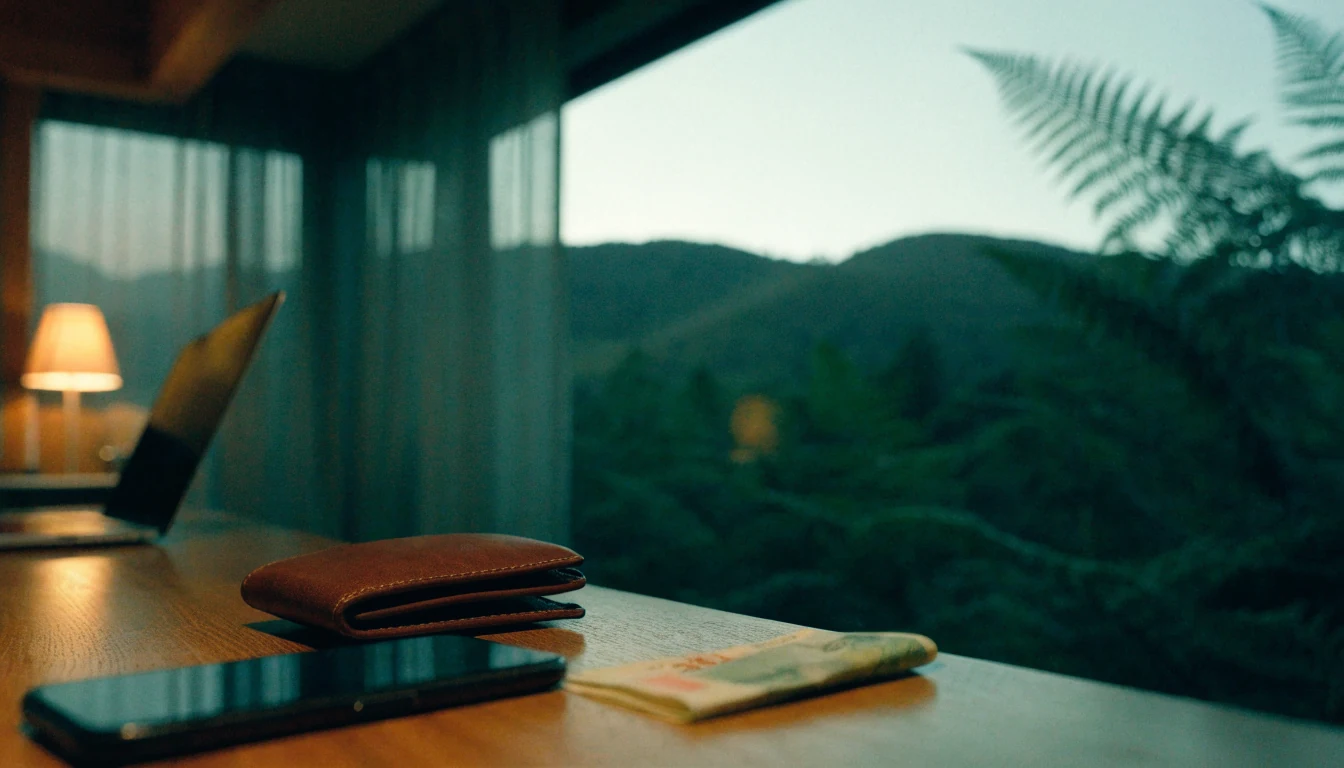 New Zealand home interior with smartphone, wallet and banknote on table at dusk
