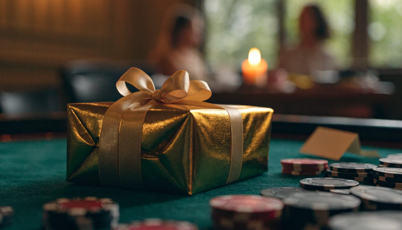 Birthday gift with golden ribbon on a green casino table with chips