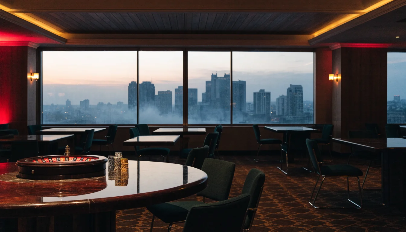 Empty New Zealand casino lounge with roulette wheel and chips at dusk