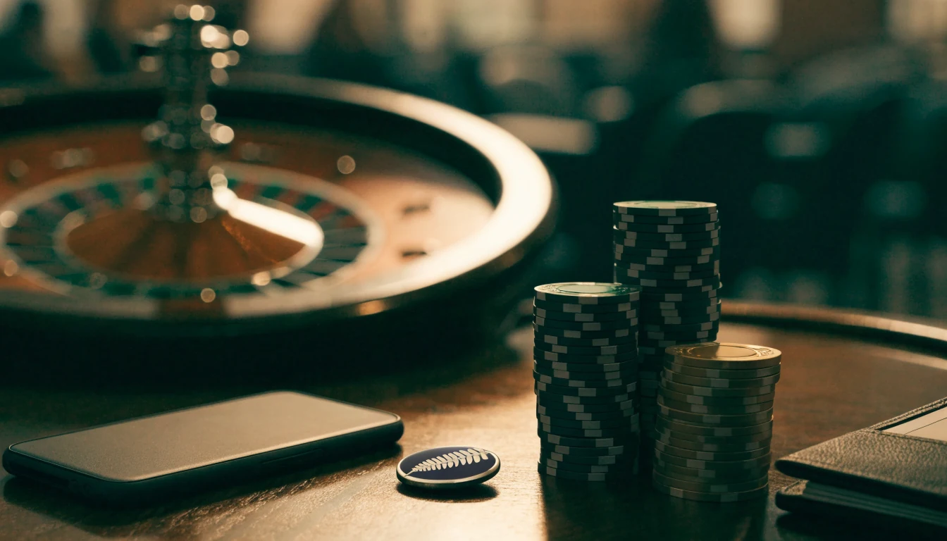 Casino chips, roulette wheel, and smartphone on a wooden table with a New Zealand silver fern pin.