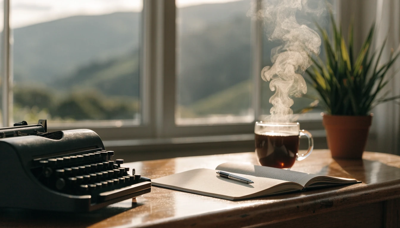 Editorial workspace with typewriter and notebook in a New Zealand setting