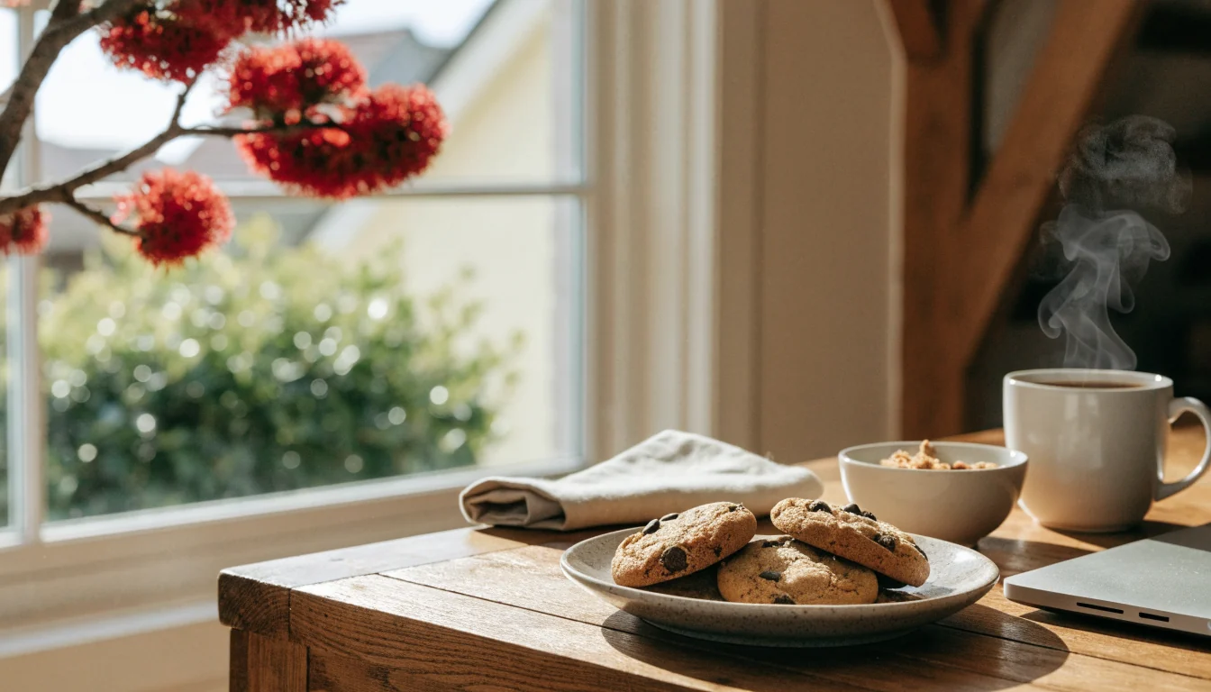 Chocolate chip cookies on a wooden table beside a closed laptop, with a Pohutukawa branch in the background