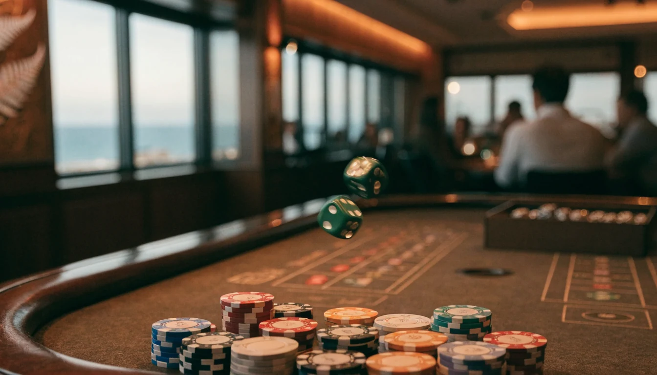 Craps table with rolling dice and chips in a New Zealand casino, 2026