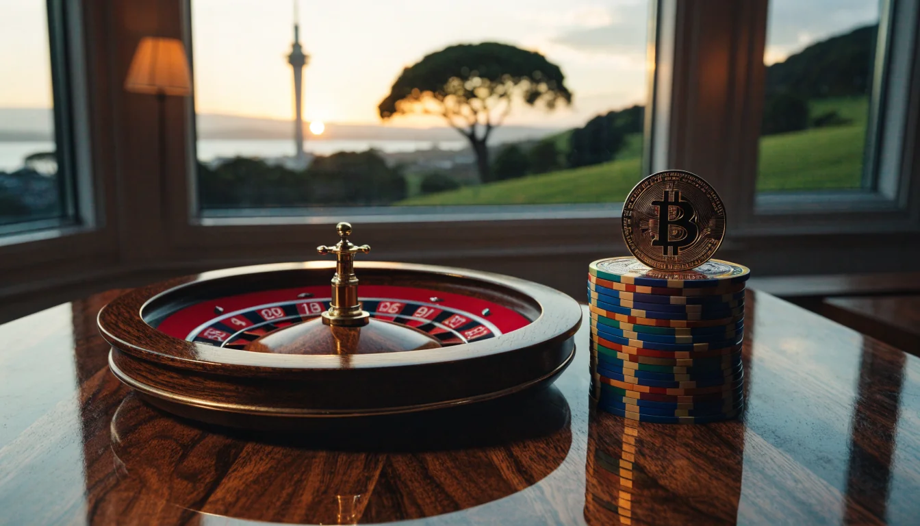 Roulette wheel, Bitcoin coin, and chips on a table with New Zealand hills behind.