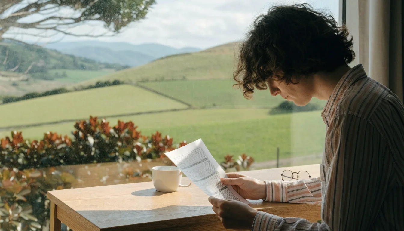 Person thoughtfully reading a printed document at a desk with New Zealand countryside through window