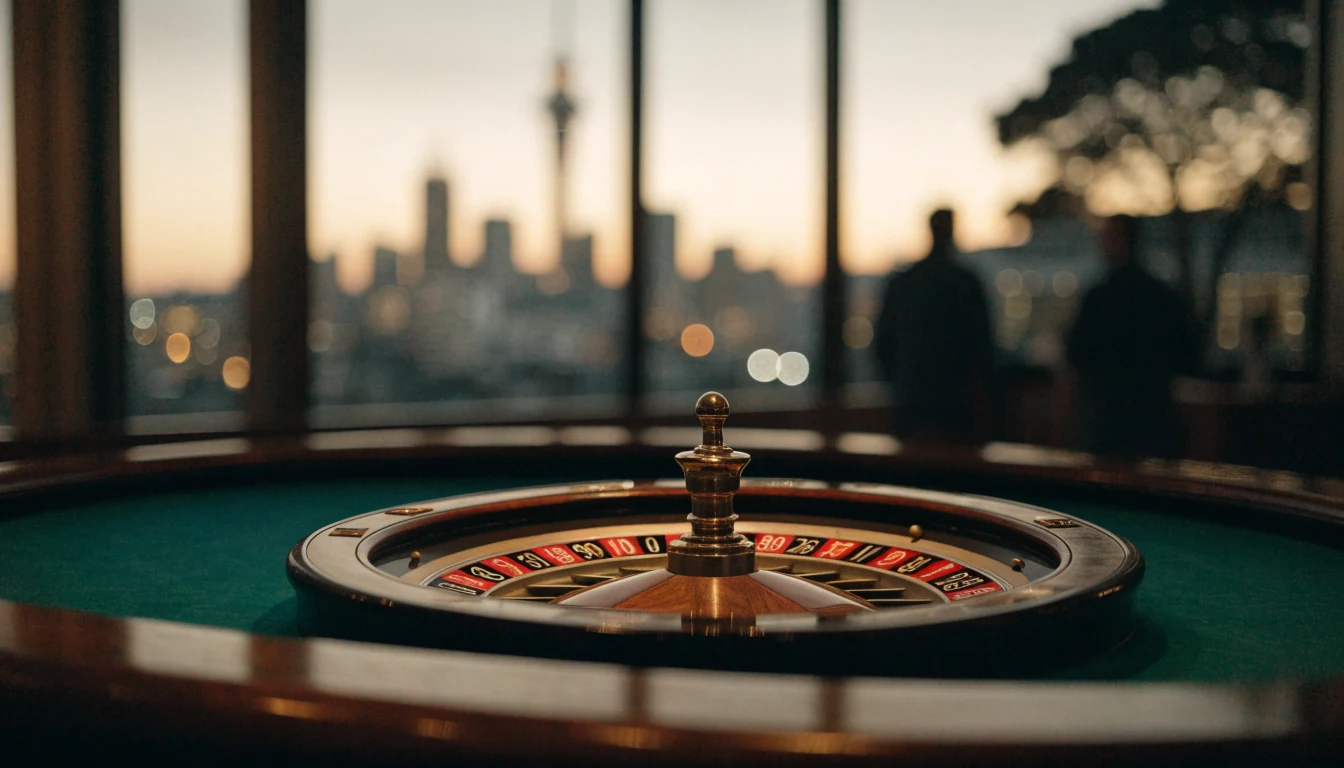 European roulette wheel on green felt table with Auckland skyline in background