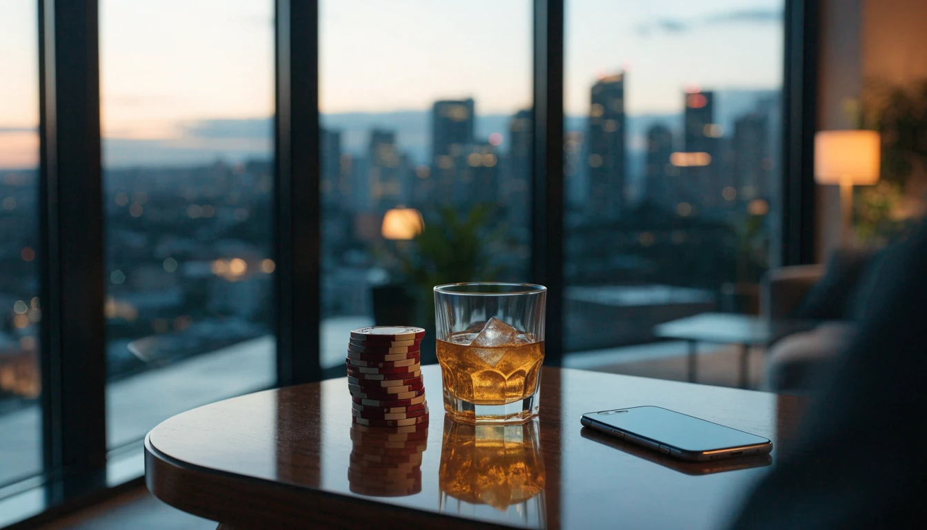 Casino chips and whiskey glass on a table in a modern Auckland apartment at dusk