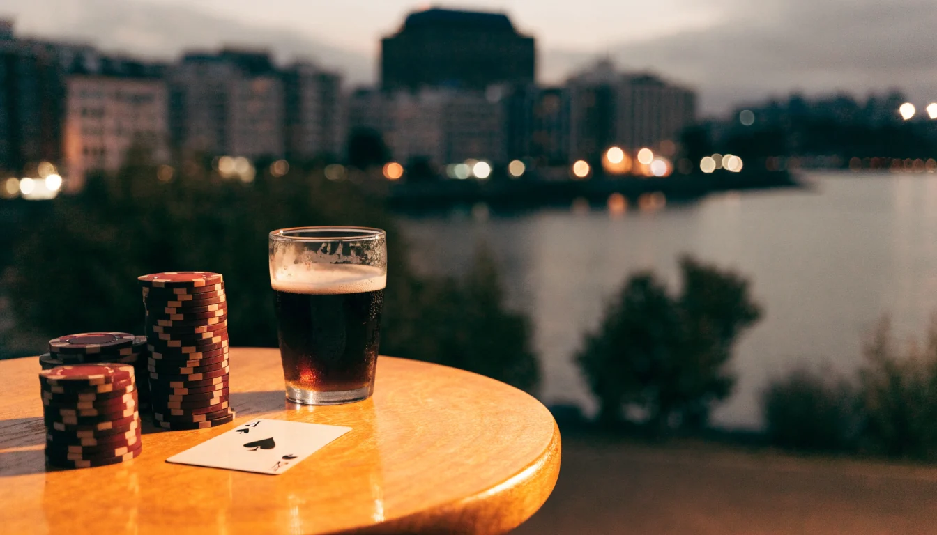 Casino chips and a playing card on a wooden table with New Zealand harbor skyline at dusk