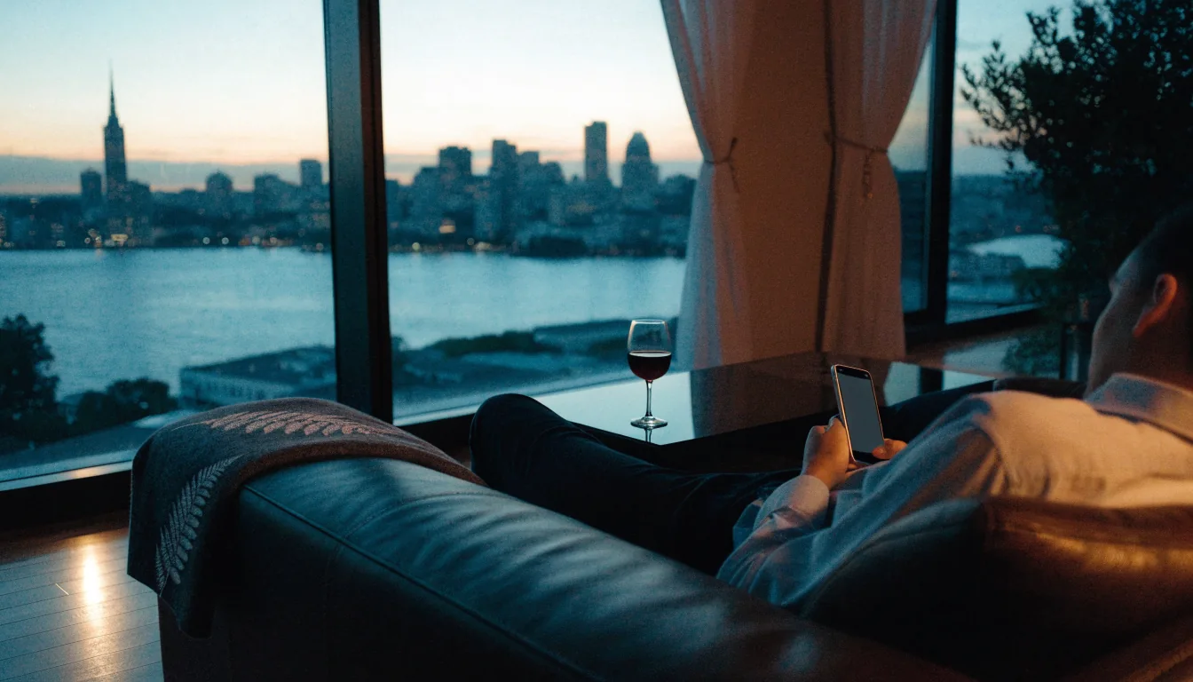 Person relaxing in a modern New Zealand living room with smartphone at twilight, Auckland harbour view outside.