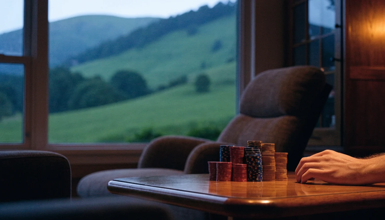 Casino chips on a table in a New Zealand home interior at dusk