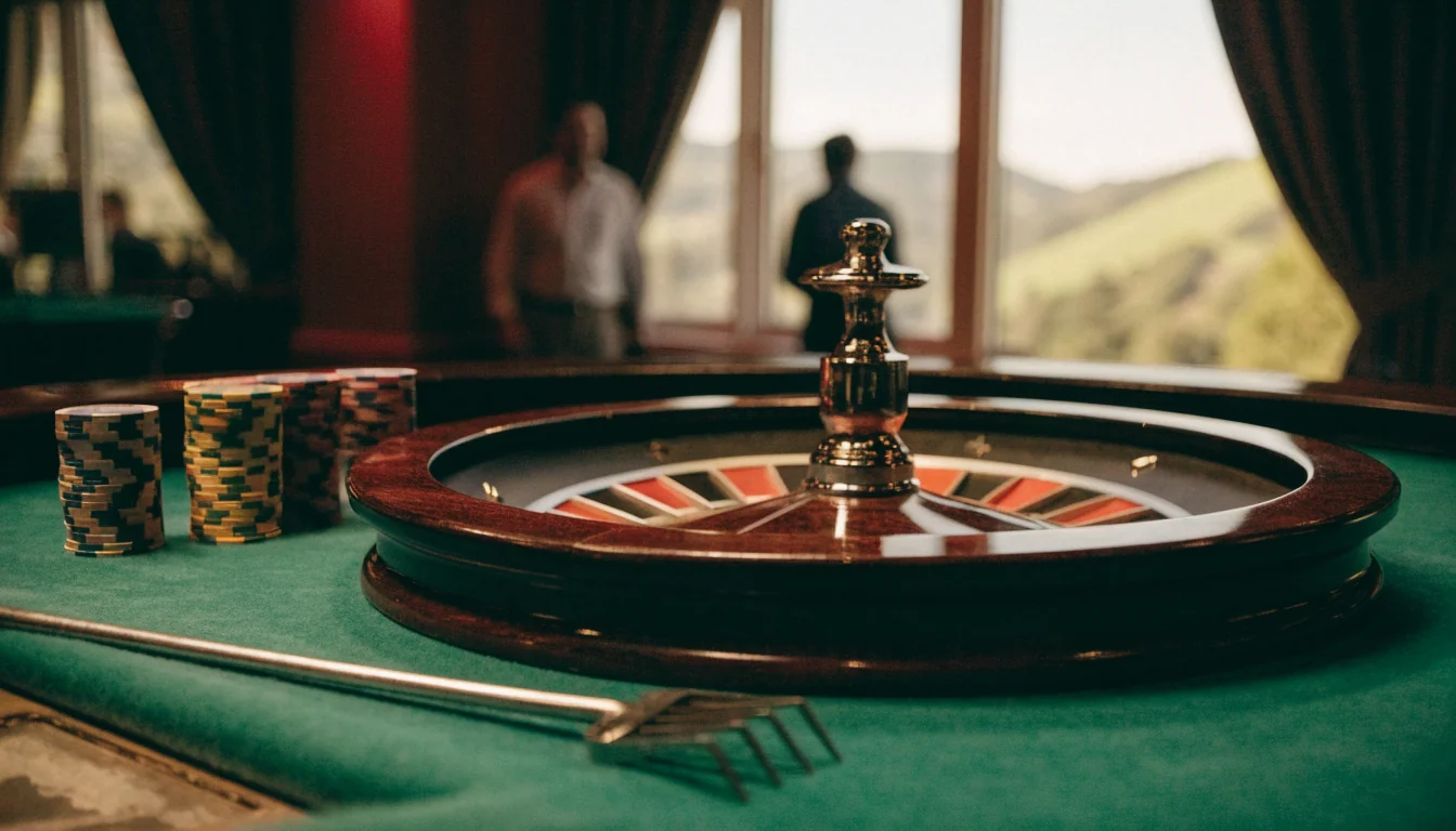Elegant roulette wheel with casino chips on a green table, New Zealand landscape in background