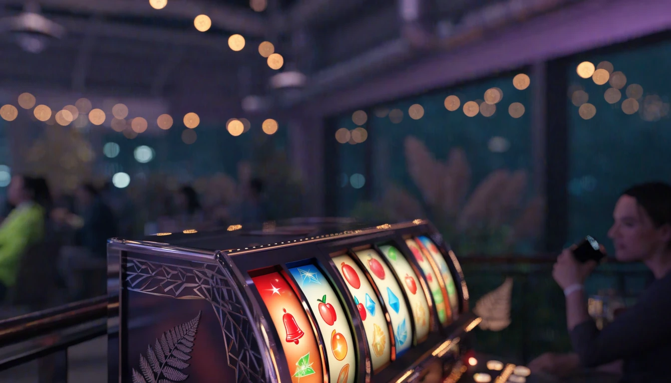 Colorful slot machine in a modern New Zealand gaming lounge with fern motifs