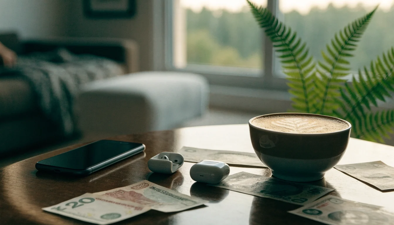 Smartphone, NZ dollars and coffee on a dark table in a cozy New Zealand living room