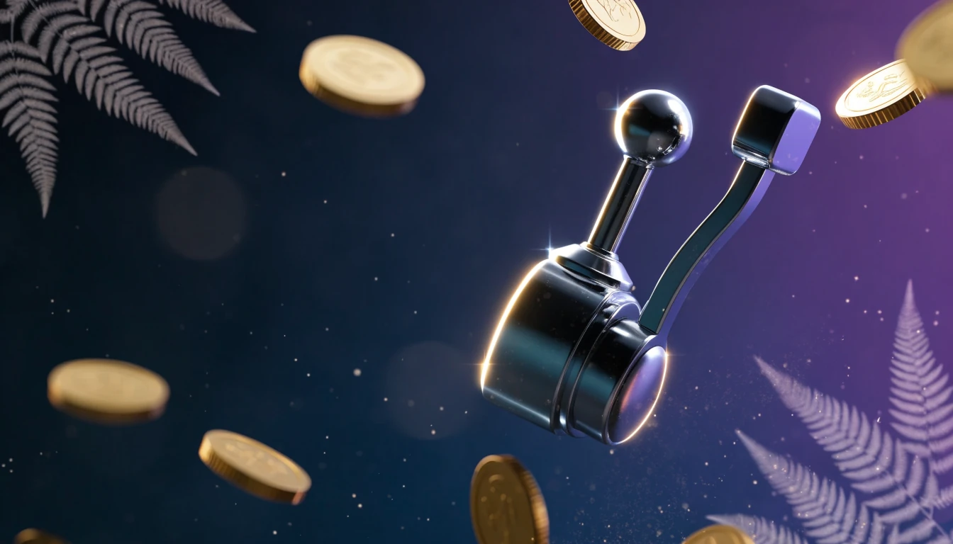 Illustration of a glowing slot lever with coins and sparkles on a dark blue background.