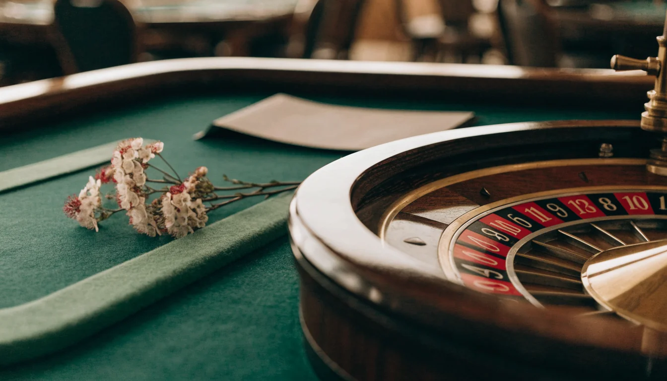 French roulette wheel on a casino table with a pōhutukawa flower beside it.
