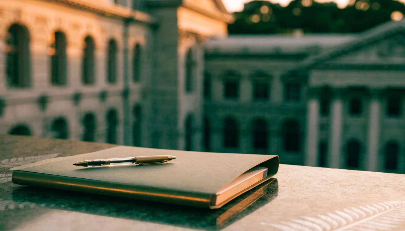 Wellington regulatory building at golden hour with documents in foreground