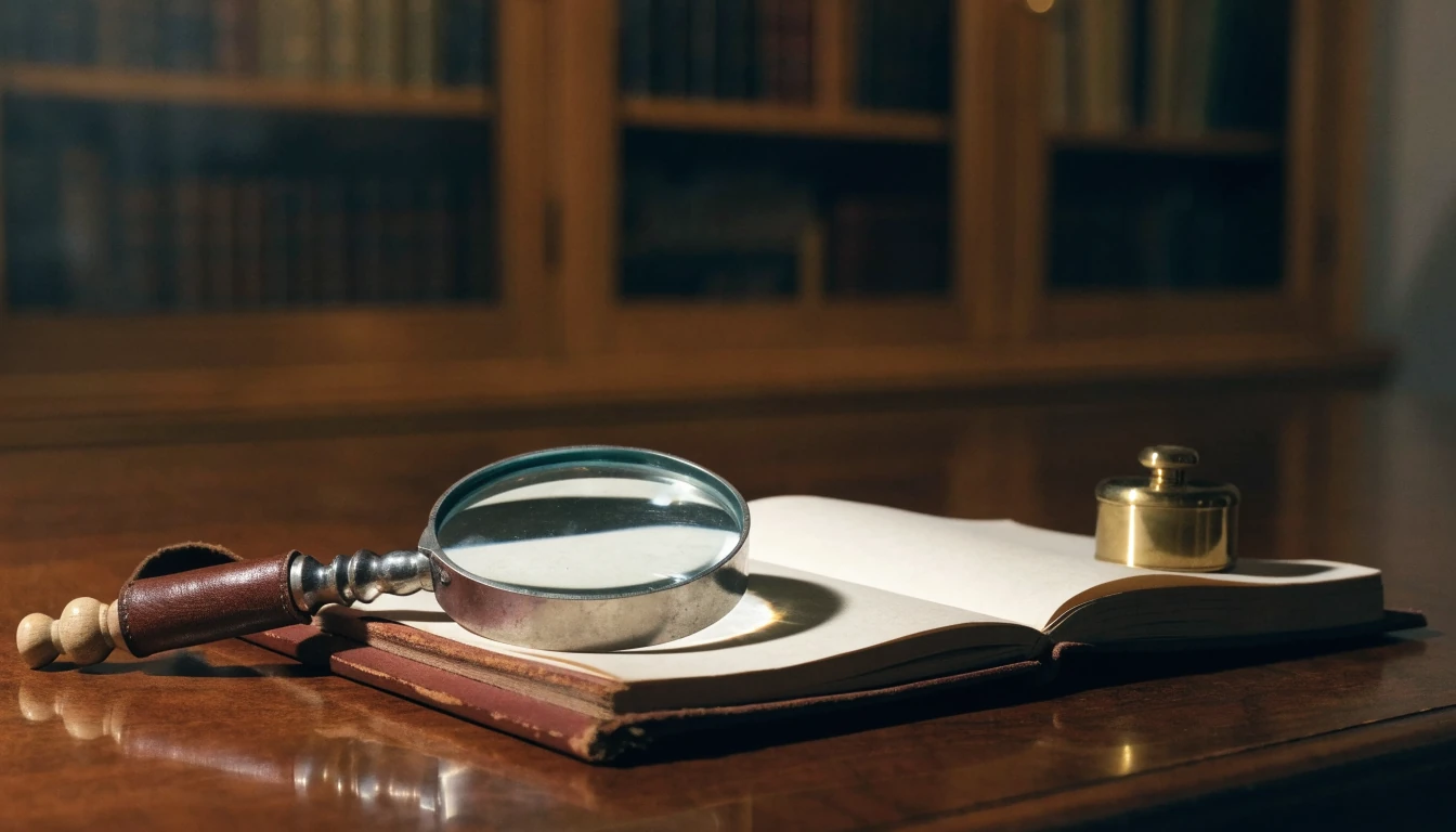 Magnifying glass on open notebook with brass weight on dark desk