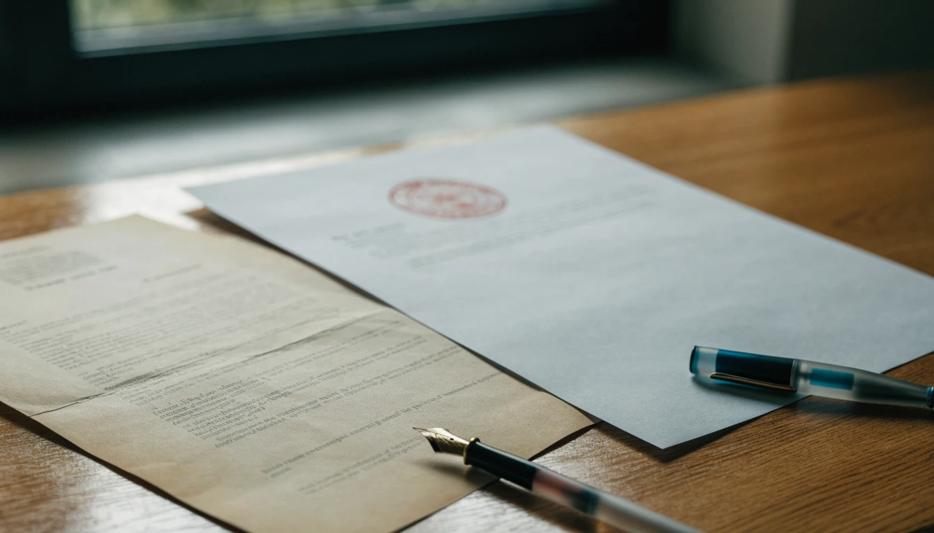 Aged document partially covered by fresh official paper with seal