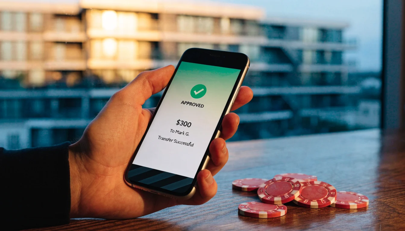 Hand holding phone showing instant withdrawal confirmation with NZ casino chips on table.