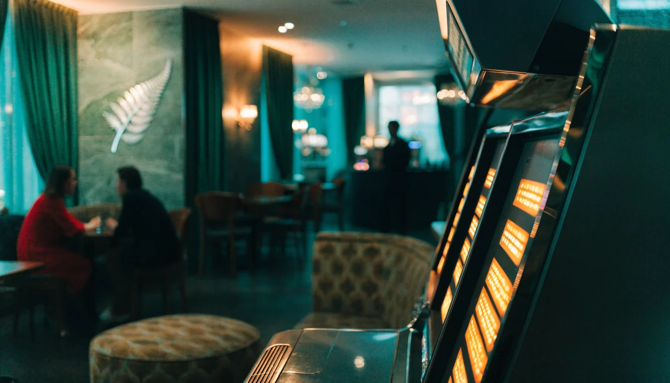 Glowing jackpot slot machine in a New Zealand casino lounge with silver fern decor