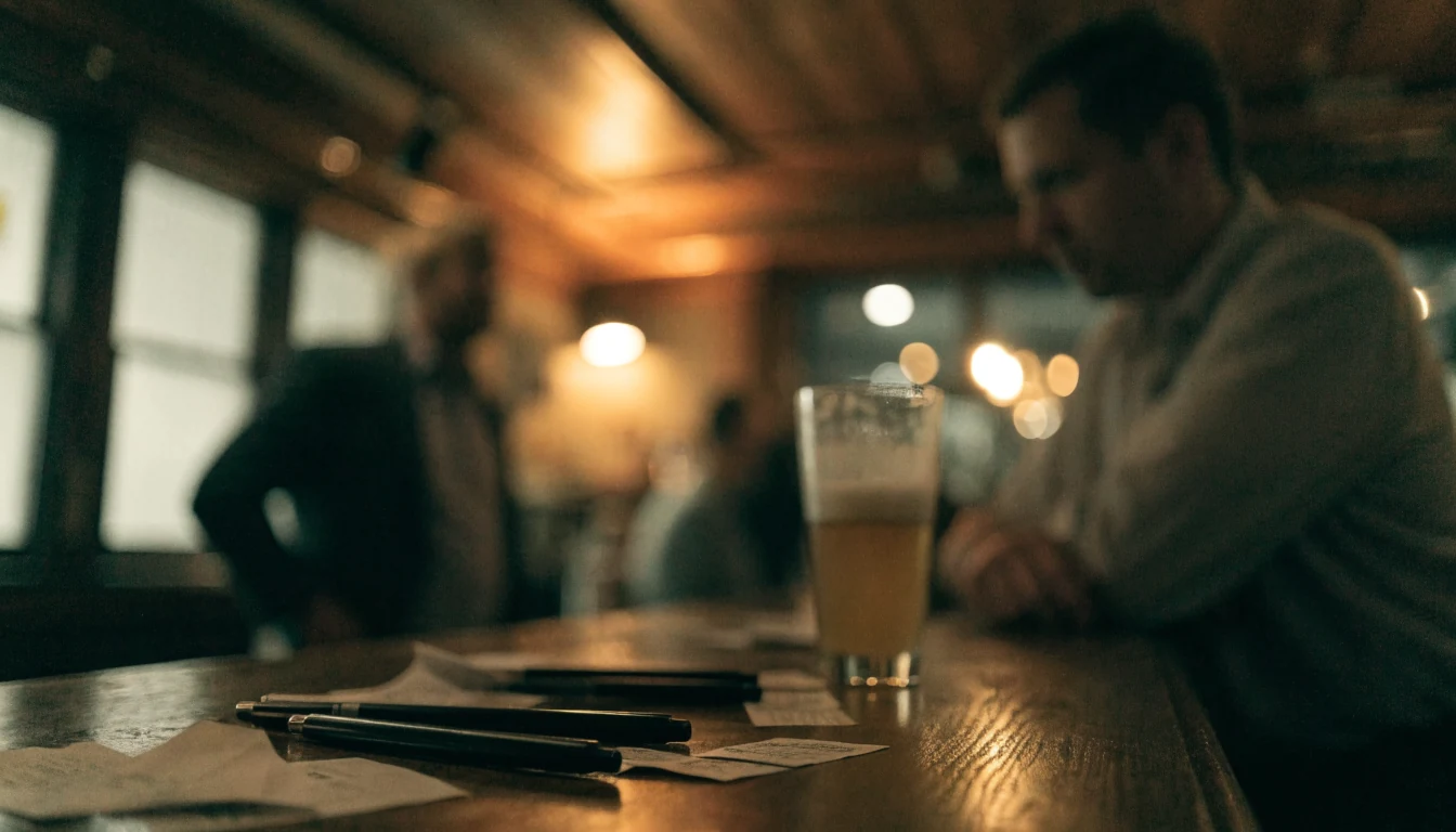 New Zealand pub interior with Keno slips and pens on wooden bar counter
