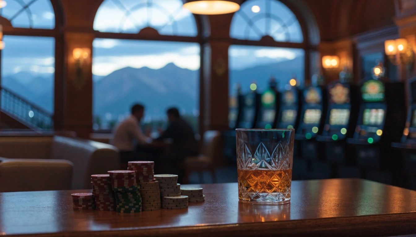 Casino chips and whiskey glass on a table with New Zealand alpine dusk view.