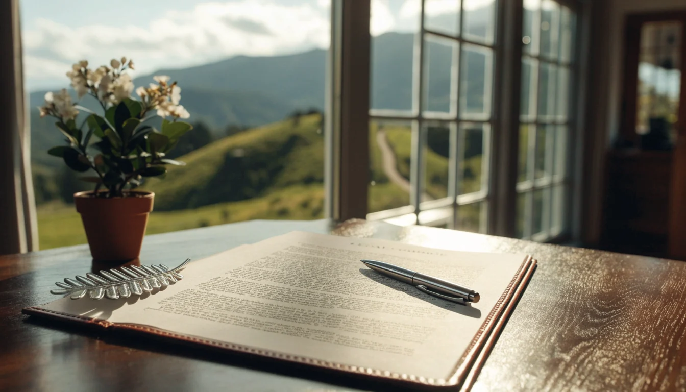 Wooden desk with legal document, silver fern paperweight, and New Zealand landscape through window