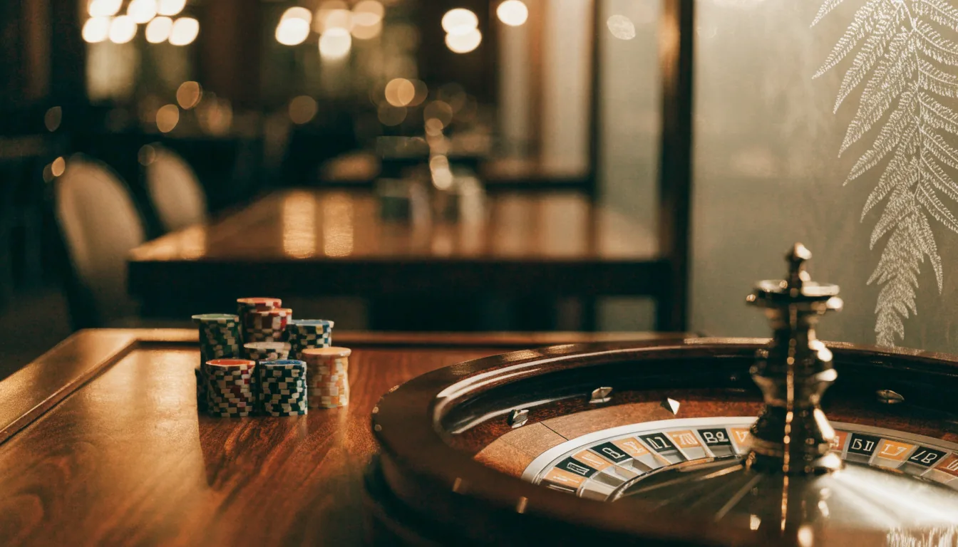 Elegant casino table with poker chips and roulette wheel in a New Zealand-inspired setting