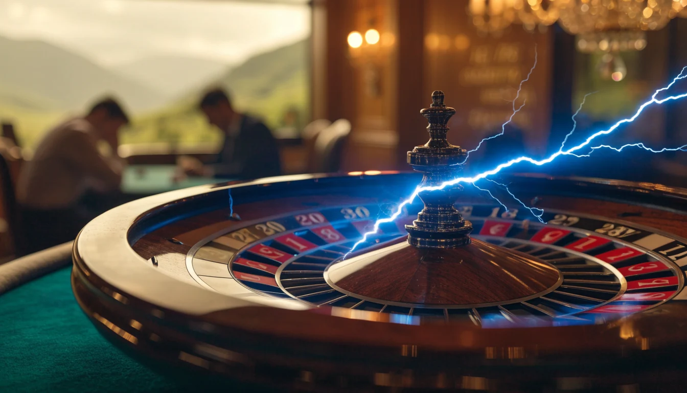 Roulette wheel on a casino table with electric blue lightning striking the numbered pockets, New Zealand setting