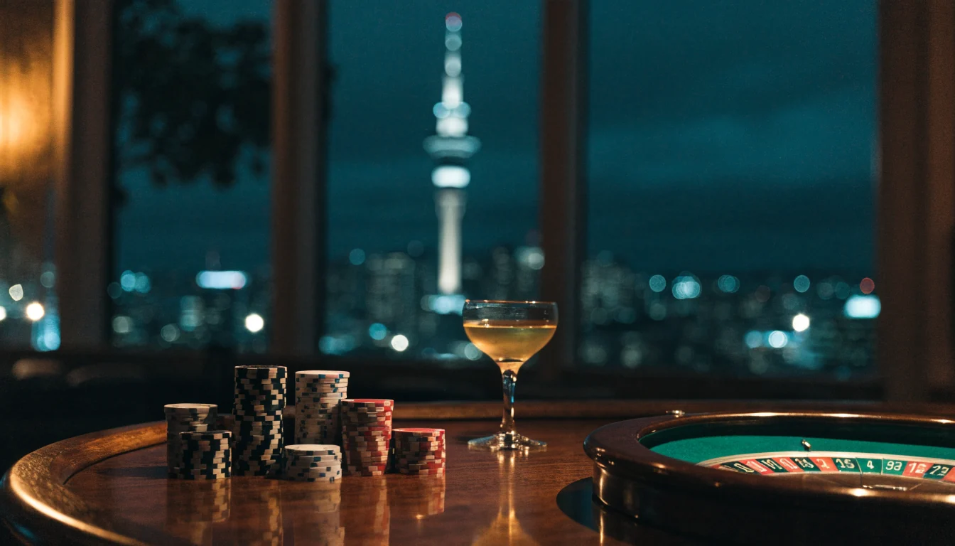 Casino table with chips and roulette wheel overlooking Auckland Sky Tower at night