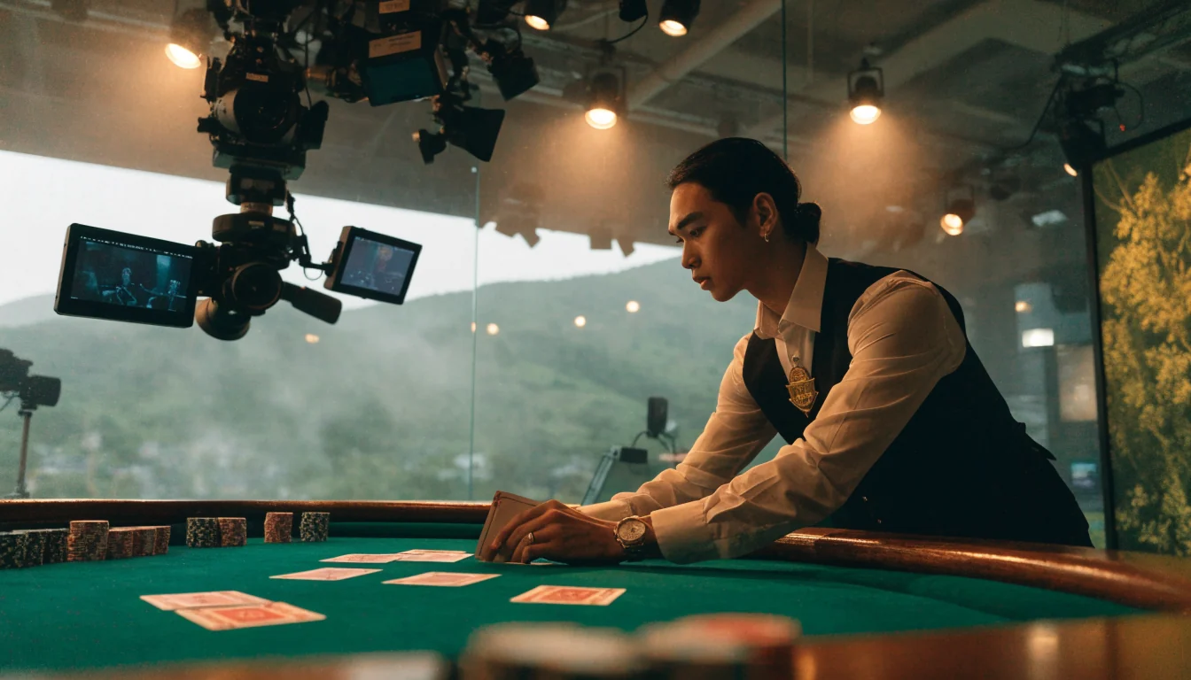 Live dealer in a casino studio dealing blackjack with New Zealand landscape backdrop