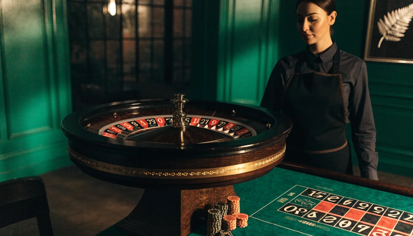 Live dealer roulette studio with croupier and chips on table