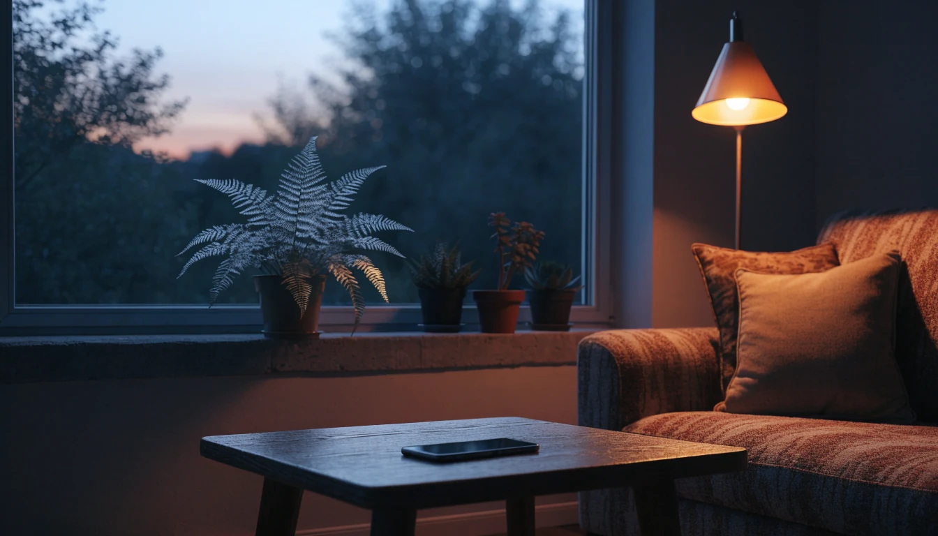 Cozy New Zealand lounge scene with a smartphone resting face-down on a coffee table