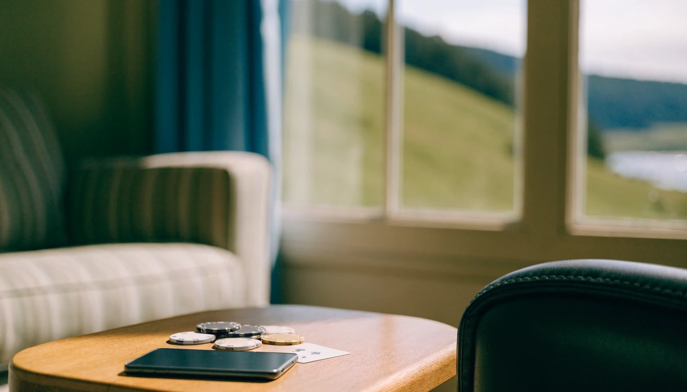 Smartphone face-down on a table with casino chips, New Zealand home interior