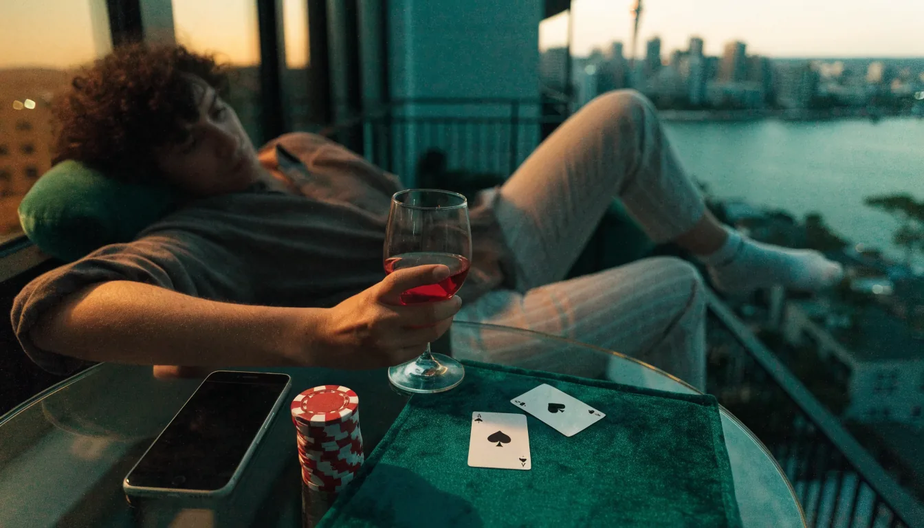 Smartphone, casino chips, and playing cards on a balcony overlooking Auckland skyline at dusk.