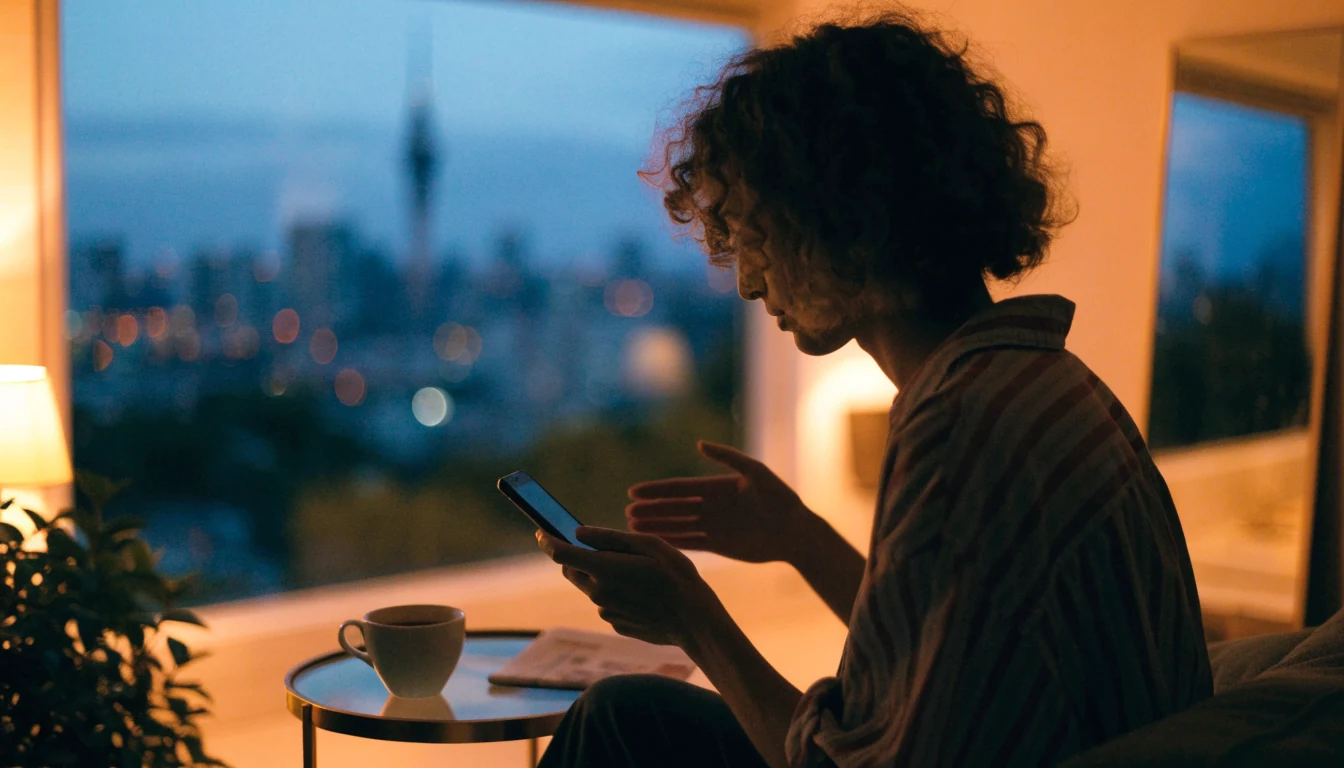 Person holding smartphone in modern New Zealand apartment with city skyline view at twilight